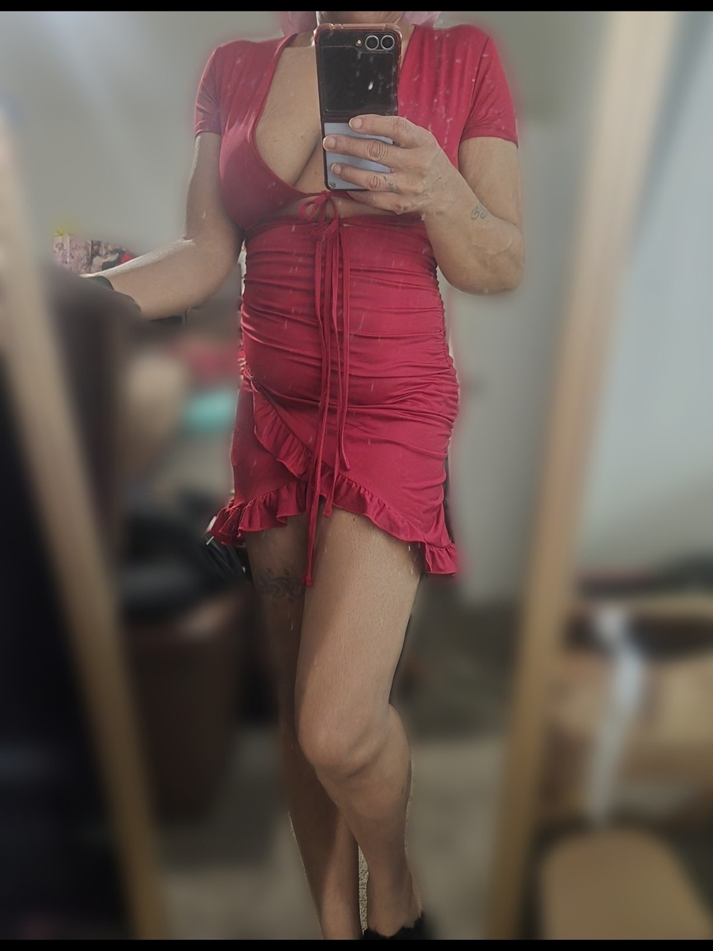 SHEIN Red Ruched Tie-Front Ruffle Mini Dress - Picture 3 of 3